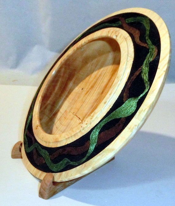 Fiddleback Maple Wood Turning – Decorative Pyrography Plate with Stand