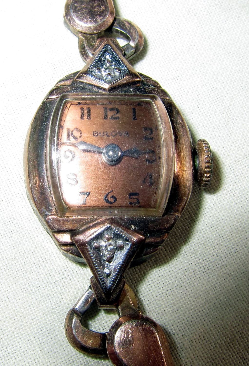 Vintage Bulova Women's Watch14K Rose Gold Filled 2 Diamonds Original Square Rose Gold Band