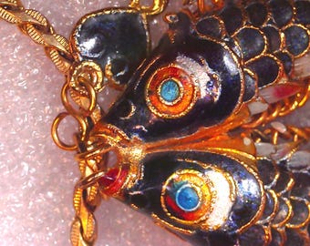Vintage Cloisonne Enamel Articulated Koi Fish Pair Pendant and Necklace