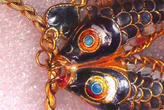 Vintage Cloisonne Enamel Articulated Koi Fish Pair Pendant and Necklace