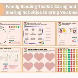 May include: A printable worksheet set for families to use for bonding activities. The worksheets include activities like expressing feelings in words, understanding feelings, sharing feelings with your family, and showing love and care for your family. The worksheets are colorful and feature illustrations of people and hearts.
