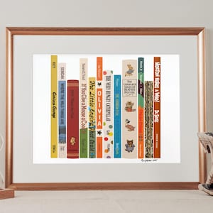 Matttryck med bokhylla för babyklassiker, babyshowerpresent, väggdekoration för barnrum, bibliotekskonst, ung läsare, bokryggskonst