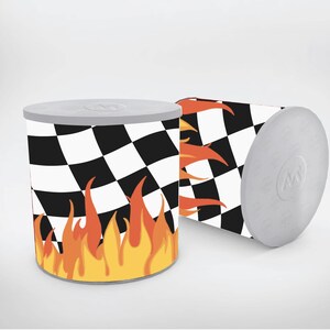 May include: Two black and white checkered cans with flames on the bottom. The cans are empty and have a silver top.