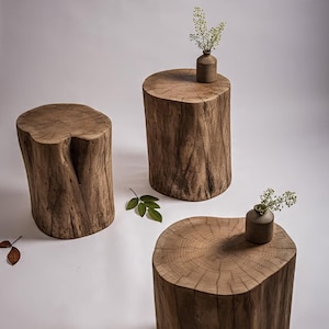 May include: Three wooden side tables made from tree trunks. The tables are various heights and shapes, with natural wood grain and color variations. One table has a small vase with greenery.