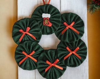 Christmas Wreath/Ornament Mini Wreath Made of Hand Stitched Fabric Yo Yo's. Small Christmas Stocking Button At The Center of Wreath