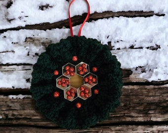 Christmas Wreath Mini Crochet Wreath with Small Red Christmas Balls on Hexagon Mirrors  From HandCrafted4You