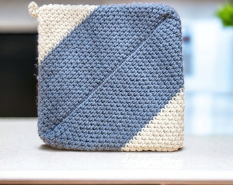 Potholder Crochet Double Layer Heat Resistant in Dusty Denim Blue and Cream Color HandCrafted4You