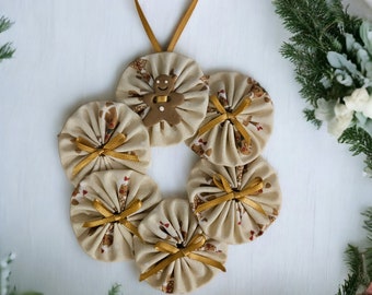 Christmas Ornament Mini Wreath Gingerbread Boys and Girls.  Made of 6 Fabric  Yo Yo's  5.5" diameter. From HandCrafted4You