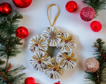 Christmas Wreath in Beige with Brown and Red Gingerbread Girls Design Made of Hand Stitched Fabric Yo Yo's from HandCrafted4You