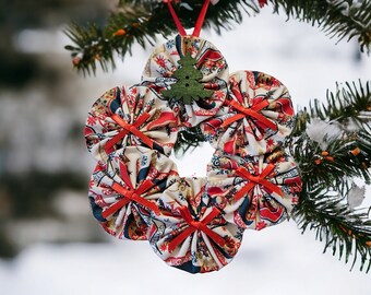 Christmas Ornament Mini Wreath Christmas Stocking Theme.  Made of 6 Fabric  Yo Yo's  5" diameter. From HandCrafted4You