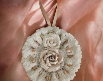 Floral Wreath in White, With Two Flowers in Dusty Pink, Hand  Crochet Decoration/Wall Hanging, Place Card Marker from HandCrafted4You.