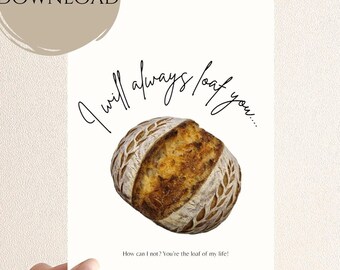 Cartão comemorativo com trocadilho de pão de fermentação natural: Eu te amo (PDF para impressão)