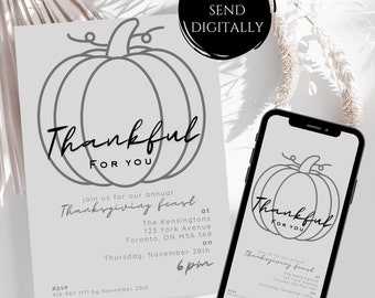 Plantilla editable de invitación de Acción de Gracias: Cena de otoño minimalista (descarga digital)
