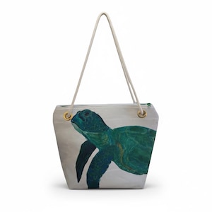 Bolsa de tela de vela reciclada: Arte de tortuga marina, forro impermeable