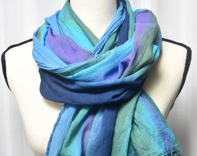 Hand Painted Cotton Scarf in Vibrant Blues and Greens