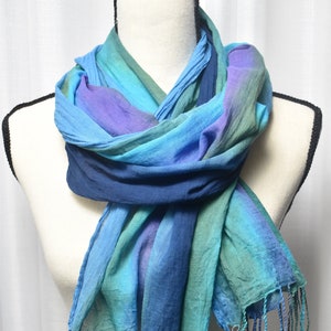 Hand Painted Cotton Scarf in Vibrant Blues and Greens