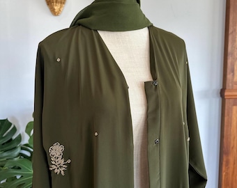 Olive Green Dubai Abaya with Gold Beaded Flowers