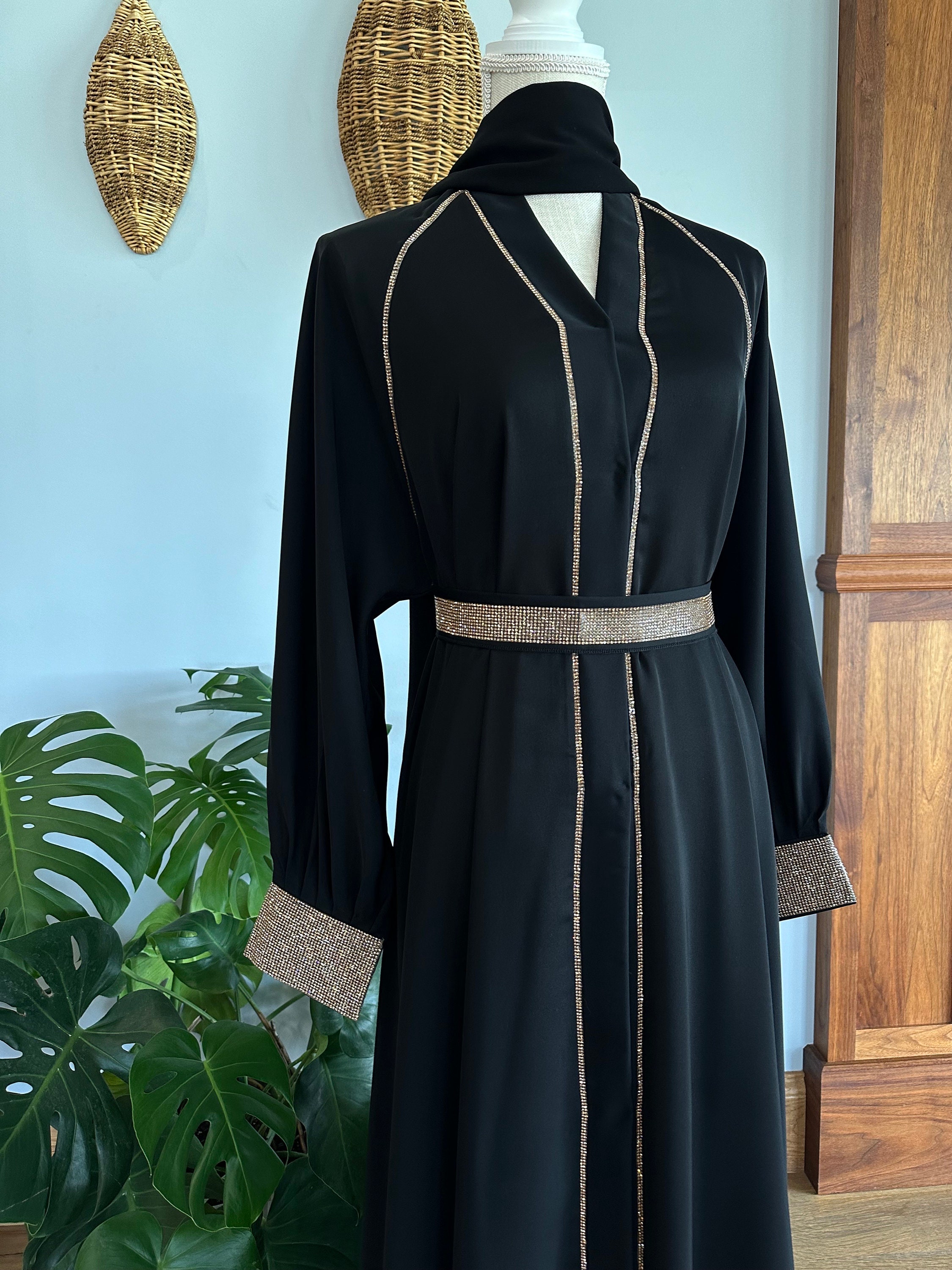 black and gold abaya dress Ar-Rimal Gold Brocade Handwork Abaya - 3 Piece Set