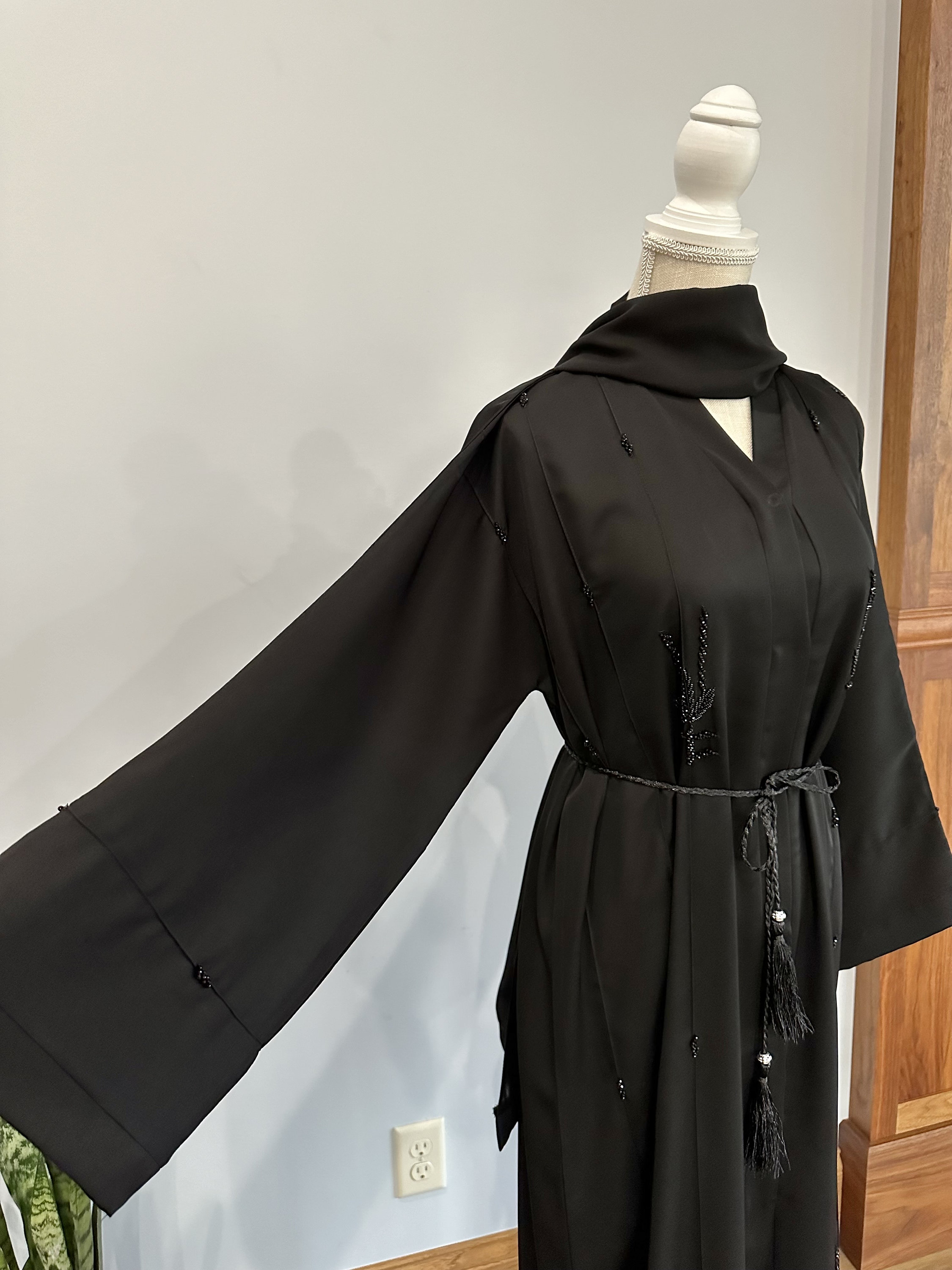 Black fringed open abaya with belt. main image 1
