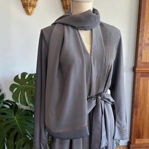 Grey Dubai Abaya with Matching Belt & Headscarf - Modest Women&#39;s Dress