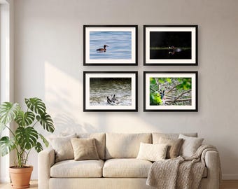 Lake House Wall Art Set of 4 Prints | Coastal Gallery Wall Set | Grebe, Coot & Mallard Bird Decor, Housewarming Gift