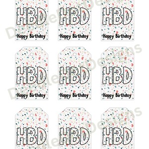 Étiquettes cadeaux d'anniversaire HBD (Feuille PDF de 9, 2 x 3 pouces, NUMÉRIQUE)