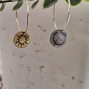 Moon and sun earrings, stainless steel, jewelry, for her, for him, hoop earrings, unique