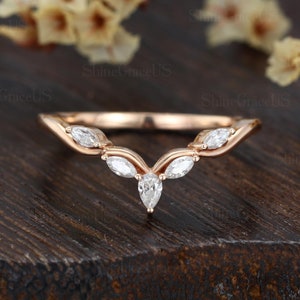 Curved wedding band vintage Marquise Diamond ring wedding band rose gold unique Moissanite Stacking Anniversary promise gift for Women