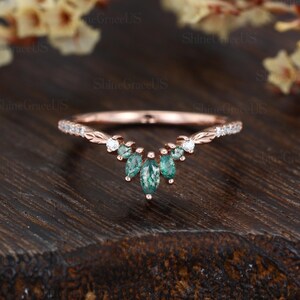 Curved wedding band vintage round Diamond wedding band rose gold unique Marquise Moss agate ring Stacking Anniversary promise gift for Women