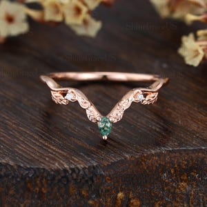 Curved wedding band vintage Marquise Diamond wedding band rose gold ring unique Marquise Moss agate Stacking Anniversary promise Women gift
