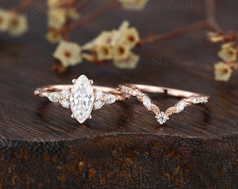 Vintage Marquise cut moissanite engagement ring set Unique diamonds engagement ring women Art Deco Rose gold Bridal ring Promise Anniversary