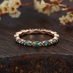 Wedding band vintage rose gold unique full eternity nature Marquise Moss agate ring wedding band Stacking Anniversary promise gift for Women