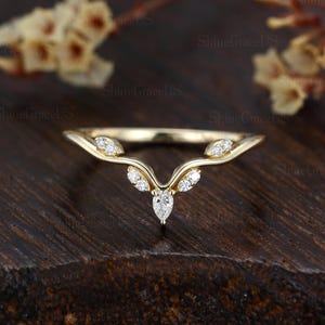 Curved wedding band vintage Marquise Diamond ring wedding band rose gold unique Moissanite Stacking Anniversary promise gift for Women