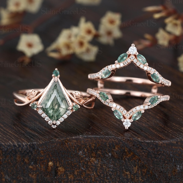Drachen Moos Achat Verlobungsring Set Vintage Natur inspiriert Verlobungsring Einzigartige Rose Gold Diamant Ring Hochzeit Braut Versprechen Frauen Geschenk