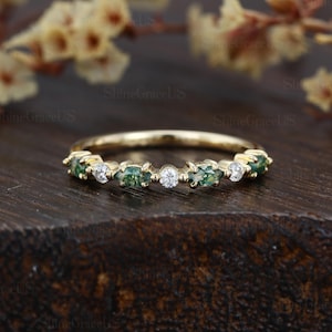 Wedding band vintage rose gold unique half eternity ring Marquise nature Stacking Moss agate wedding band Anniversary promise gift for Women