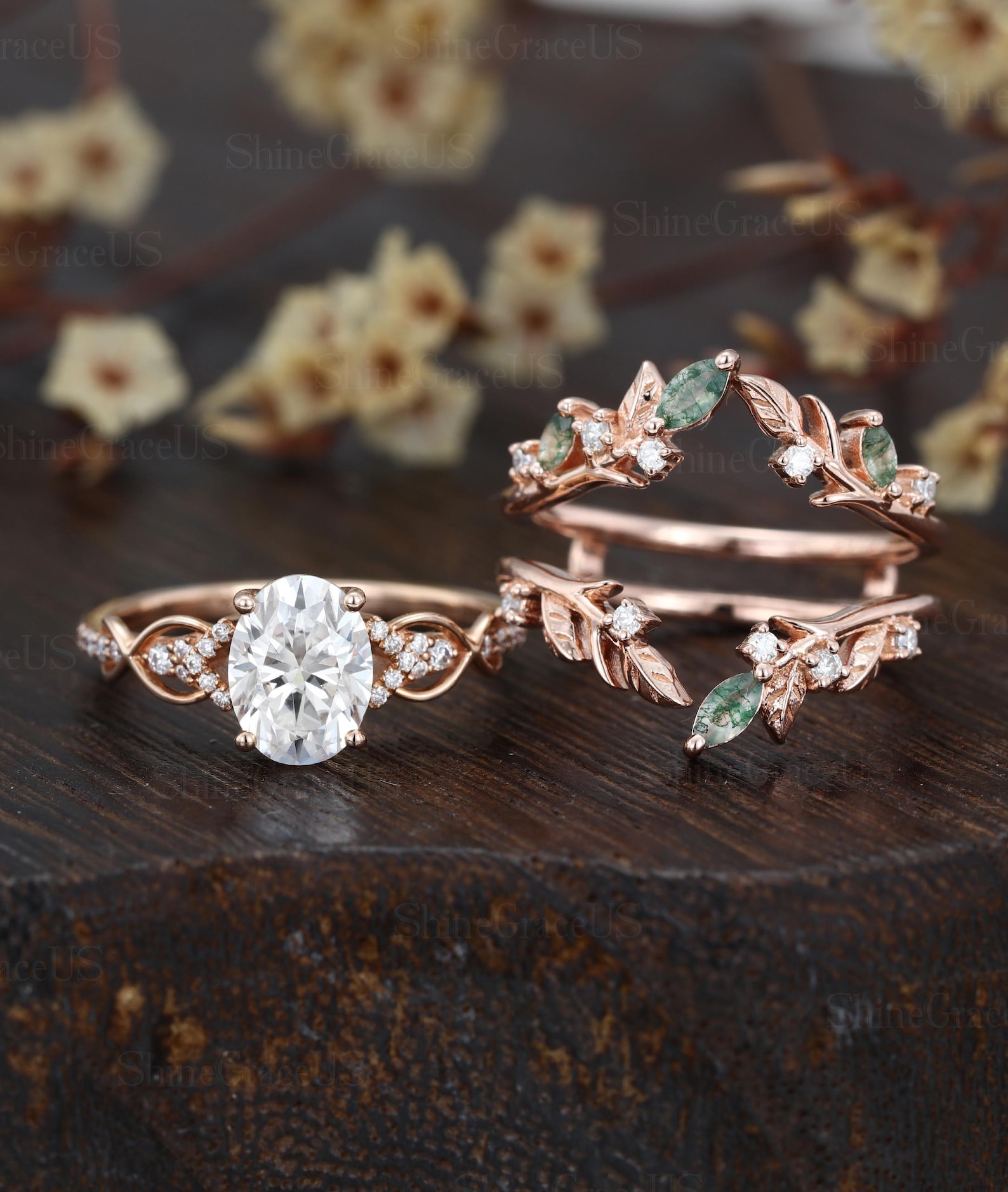 1.5ct IGI Certificate Oval cut Lab grown diamond engagement ring Rose gold Diamonds cluster ring Moss agate wedding bridal set promise gift