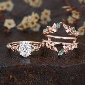 6*8mm Oval cut Lab grown diamond engagement ring set unique cluster moissanite ring Vintage Rose gold Moss agate wedding bridal promise gift