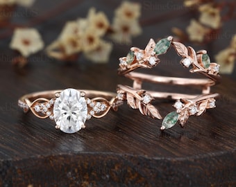 1.5ct IGI Certificate Oval cut Lab grown diamond engagement ring Rose gold Diamonds cluster ring Moss agate wedding bridal set promise gift