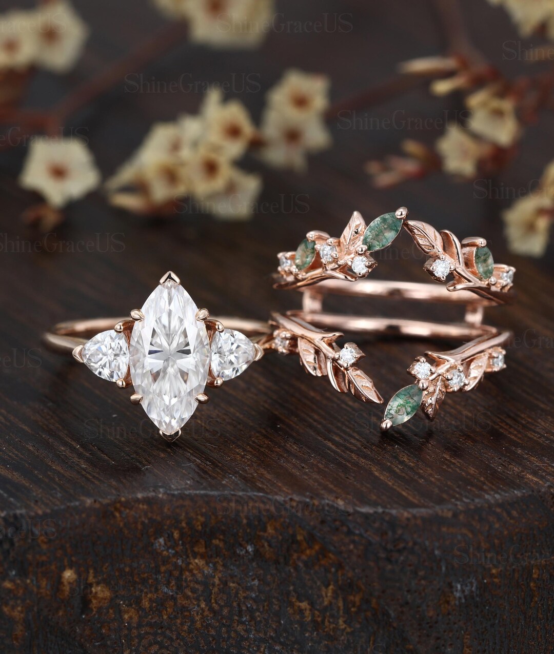 6*12mm Marquise Cut Lab Grown Diamond Engagement Ring Set Unique ...