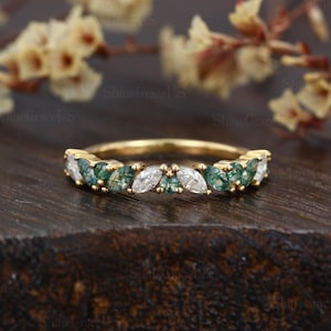 Wedding band vintage rose gold unique half eternity ring Marquise nature Moss agate wedding band Stacking Anniversary promise gift for Women