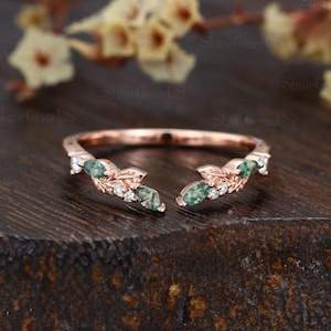 Curved wedding band vintage Marquise Diamond ring wedding band rose gold Marquise unique Moss agate Stacking Anniversary promise Women gift