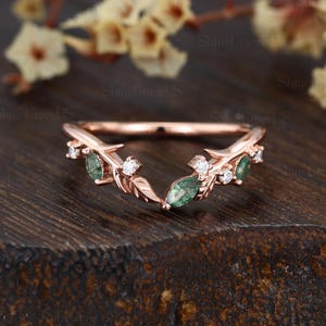 Curved wedding band vintage Marquise Diamond ring wedding band rose gold unique Marquise Moss agate Stacking Anniversary promise Women gift