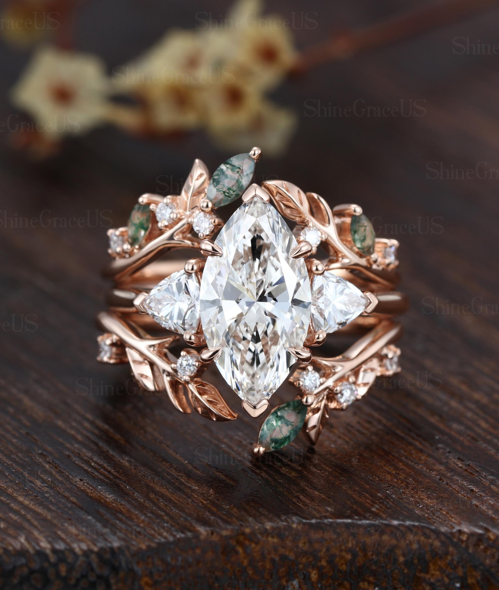 2.0ct IGI Certificate Marquise Lab diamond engagement ring unique diamonds three stone ring Rose gold Moss wedding Bridal set Gift for Women