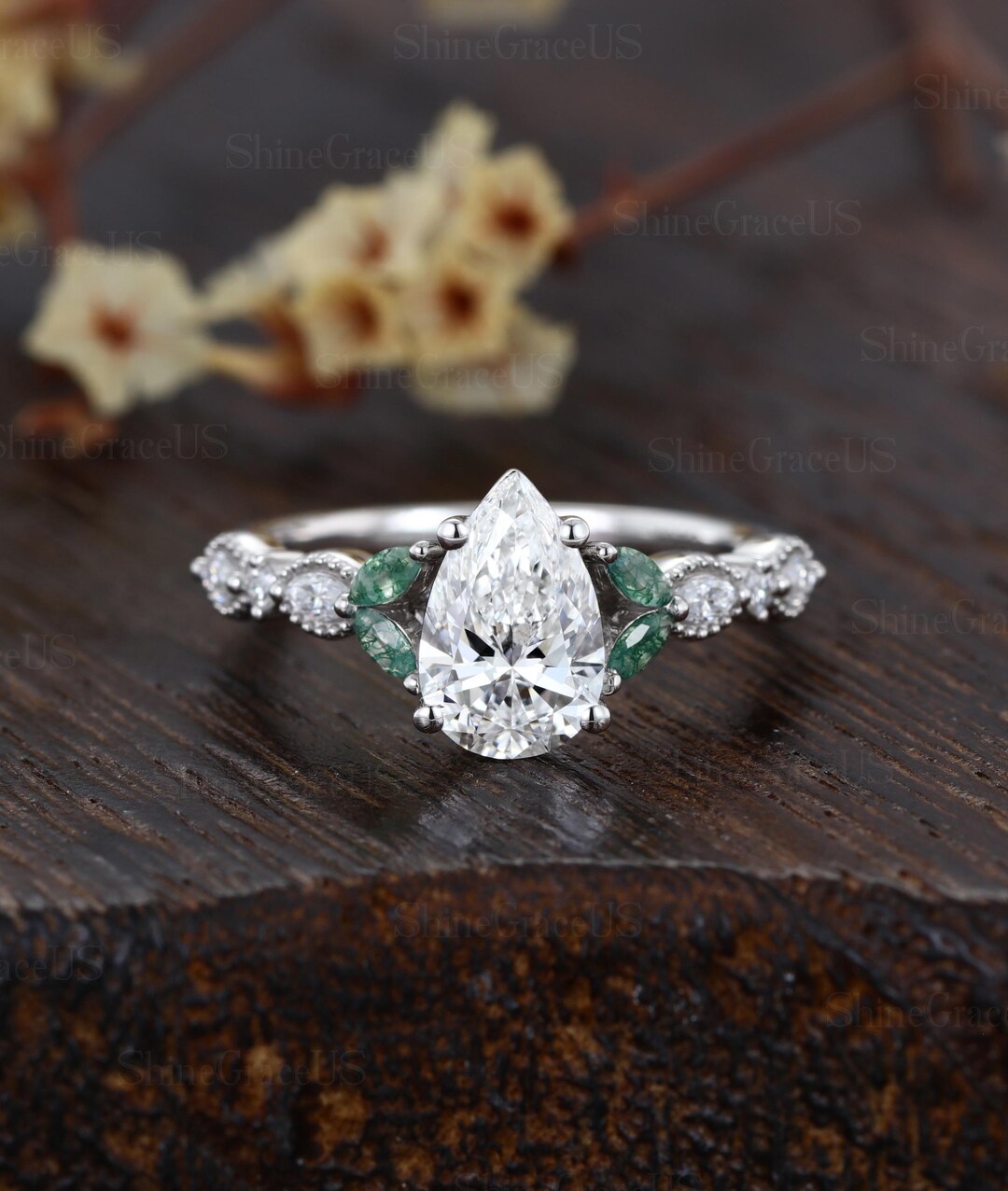 Unique Pear Shaped Lab Diamond Engagement Ring Solid 14K White Gold ...
