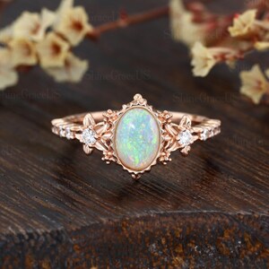 Oval cut Opal Engagement ring Vintage Rose gold engagement ring Unique Cluster Diamond ring Bridal promise Anniversary gift ring for women