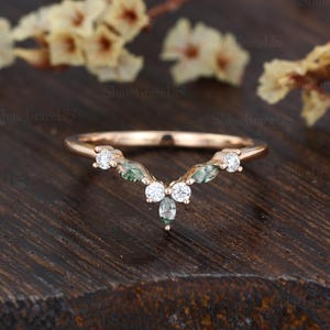 Curved wedding band vintage round Diamond ring wedding band rose gold unique Marquise Moss agate Stacking Anniversary promise gift for Women