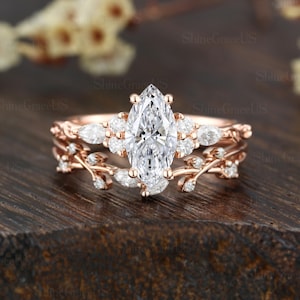 Vintage Marquise Lab Diamond Engagement Ring, Rose Gold Diamonds Cluster Leaf Bridal Ring Stack Diamond Leaf Wedding Bridal set gift for her