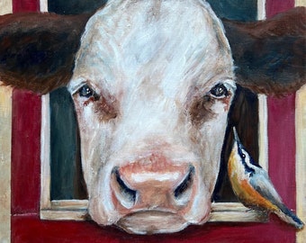 Canvas print of an original acrylic painting. Cow in the Window with Nuthatch, farm, country, primitive painting 16 x 20