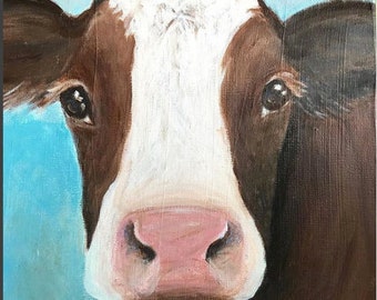 Canvas print of an original acrylic painting. Penny, cow, farm, country, primitive painting