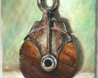 Canvas print of an original acrylic painting. Industrial primitive barn pulley. Pulley #5